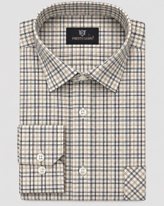 Koszula Bawełniana Męska Casual w kroju Slim Fit Beżowa w Kratkę L483