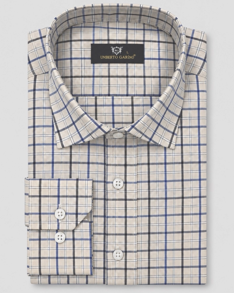 Koszula Bawełniana Męska Casual w kroju Slim Fit Beżowa w Kratkę