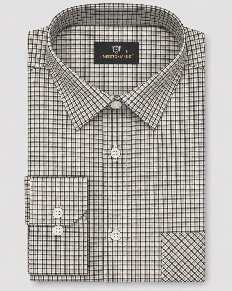 Koszula Bawełniana Męska Casual w kroju Slim Fit Beżowa w Kratkę