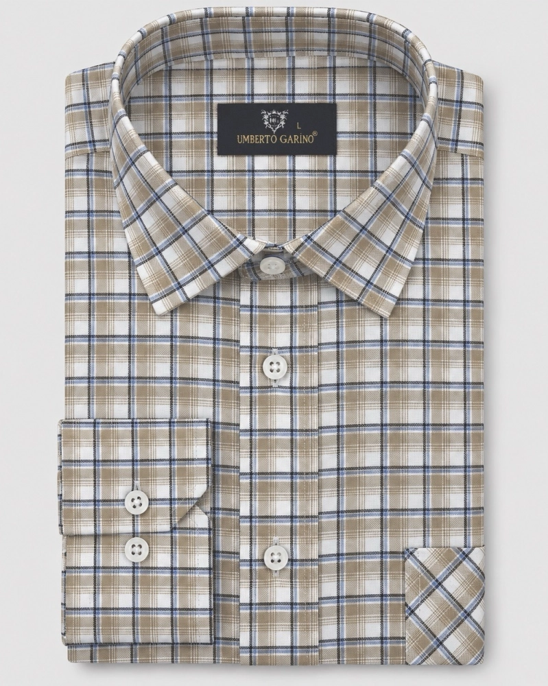 Koszula Bawełniana Męska Casual w kroju Slim Fit Beżowa w Kratkę