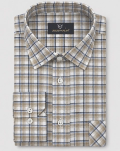 Koszula Bawełniana Męska Casual w kroju Slim Fit Beżowa w Kratkę L486