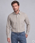 Koszula Bawełniana Męska Casual w kroju Slim Fit Beżowa w Kratkę