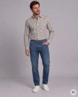 Koszula Bawełniana Męska Casual w kroju Slim Fit Beżowa w Kratkę