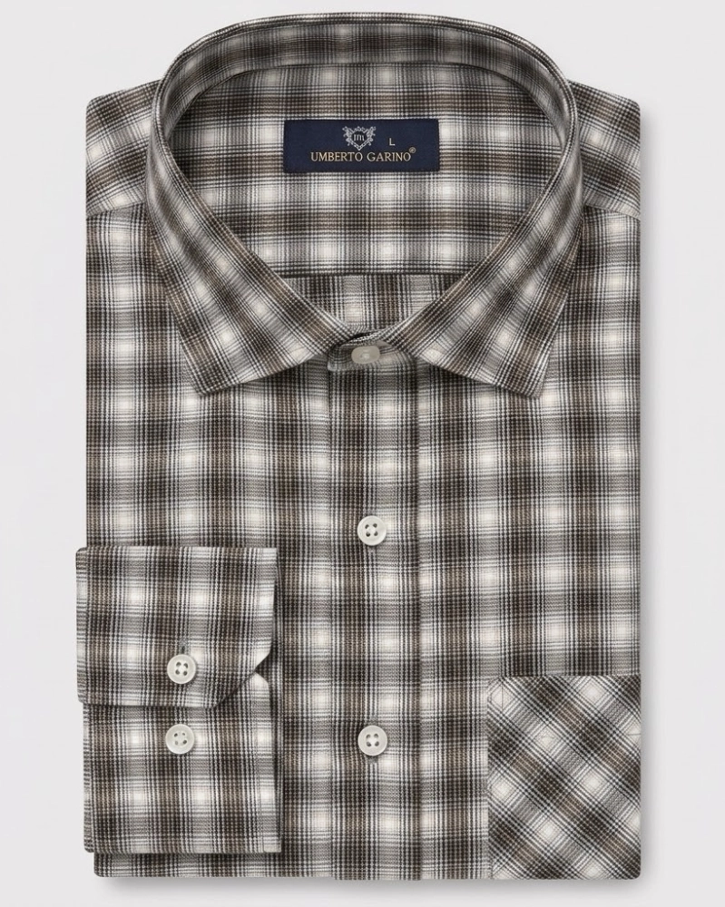 Koszula Bawełniana Męska Casual w kroju Slim Fit Brązowa w Kratkę
