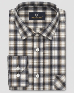 Koszula Bawełniana Męska Casual w kroju Slim Fit Brązowa w Kratkę L489