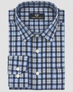 Koszula Bawełniana Męska Casual w kroju Slim Fit Granatowa w Kratkę L508