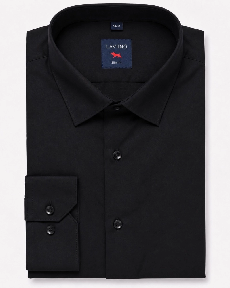 Koszula Męska Elegancka do Garnituru Slim Fit Gładka Czarna Laviino
